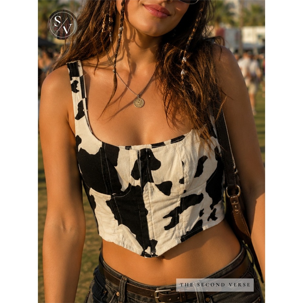 Wild Fable Cow Print Corset Crop Top Womens Festival Western White Black S